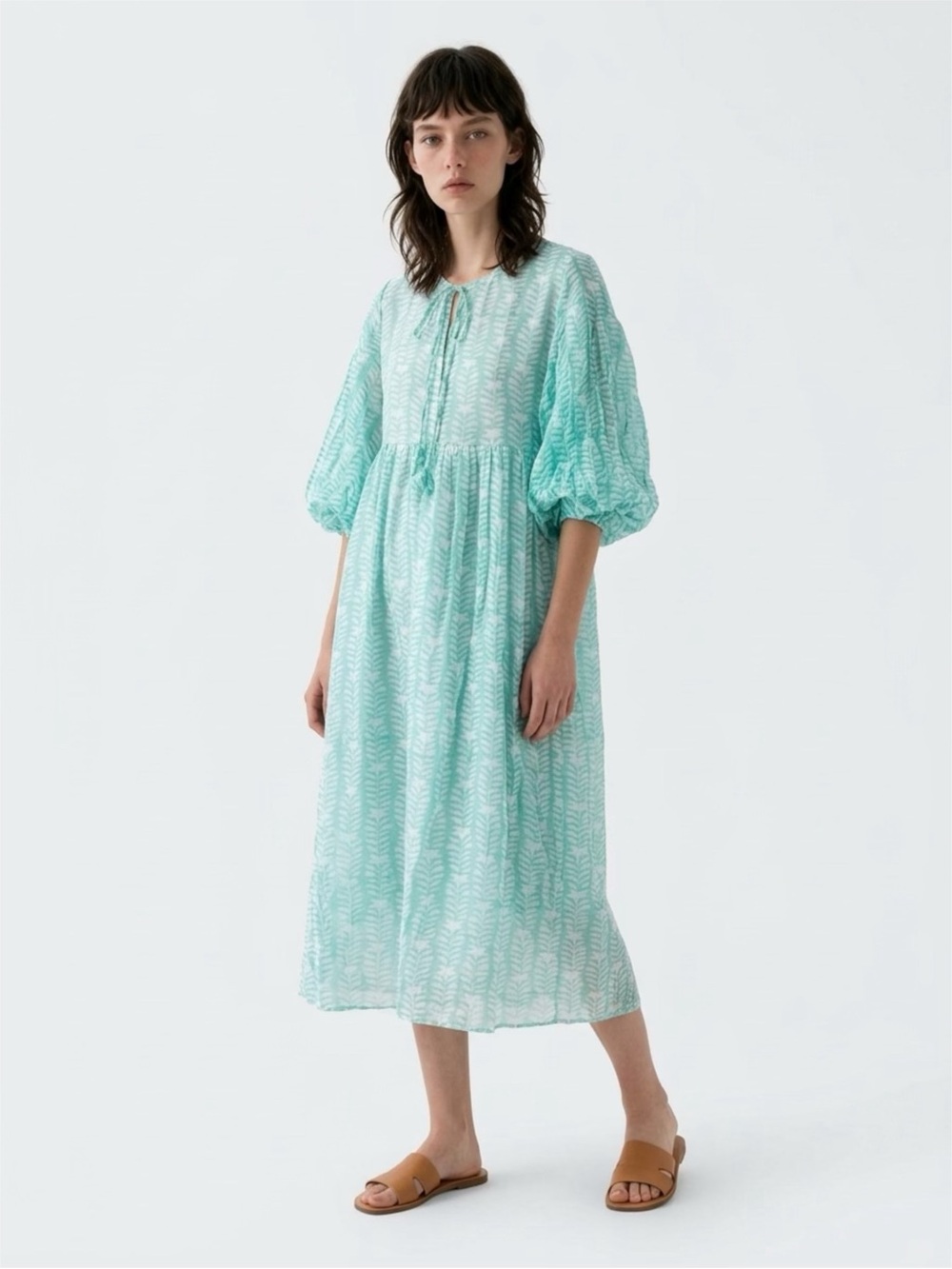 Light Aqua Printed Puff-Sleeve Maxi Dress